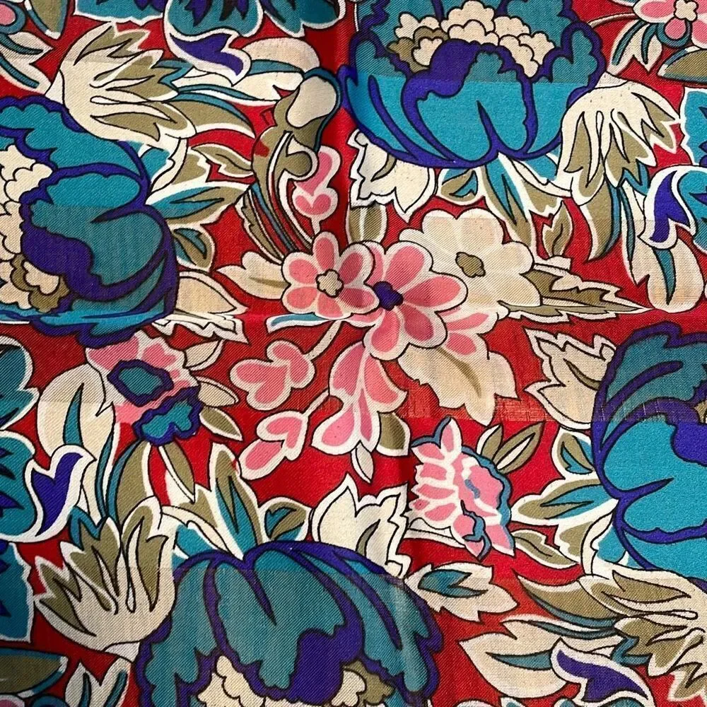 Red, pink, blue, white, & olive floral 31” square Lightweight silky scarf